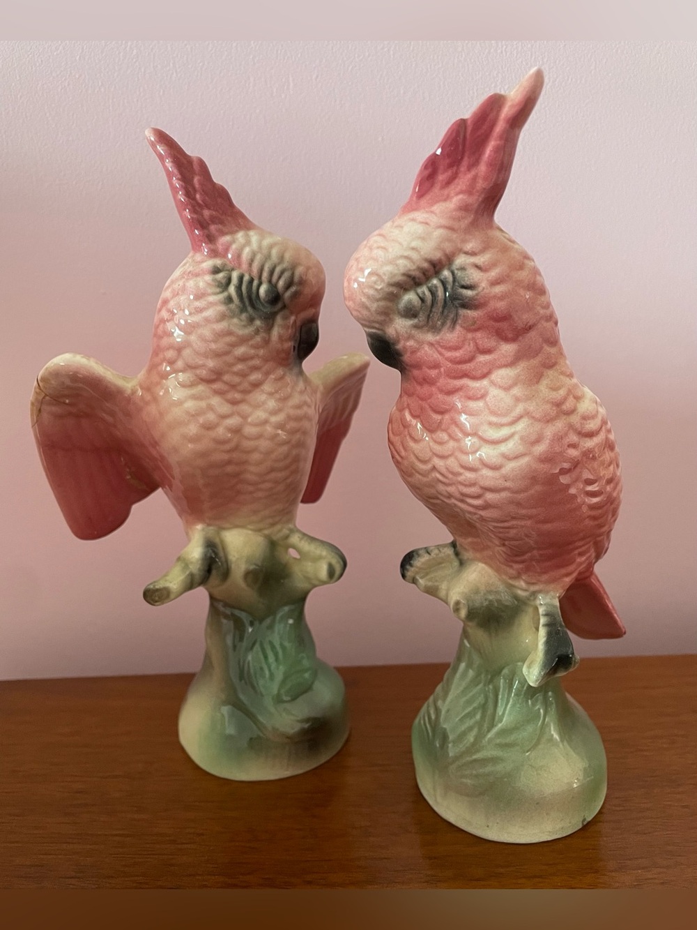 Pink Ceramic Cockatoo Bird Figurines - Pair